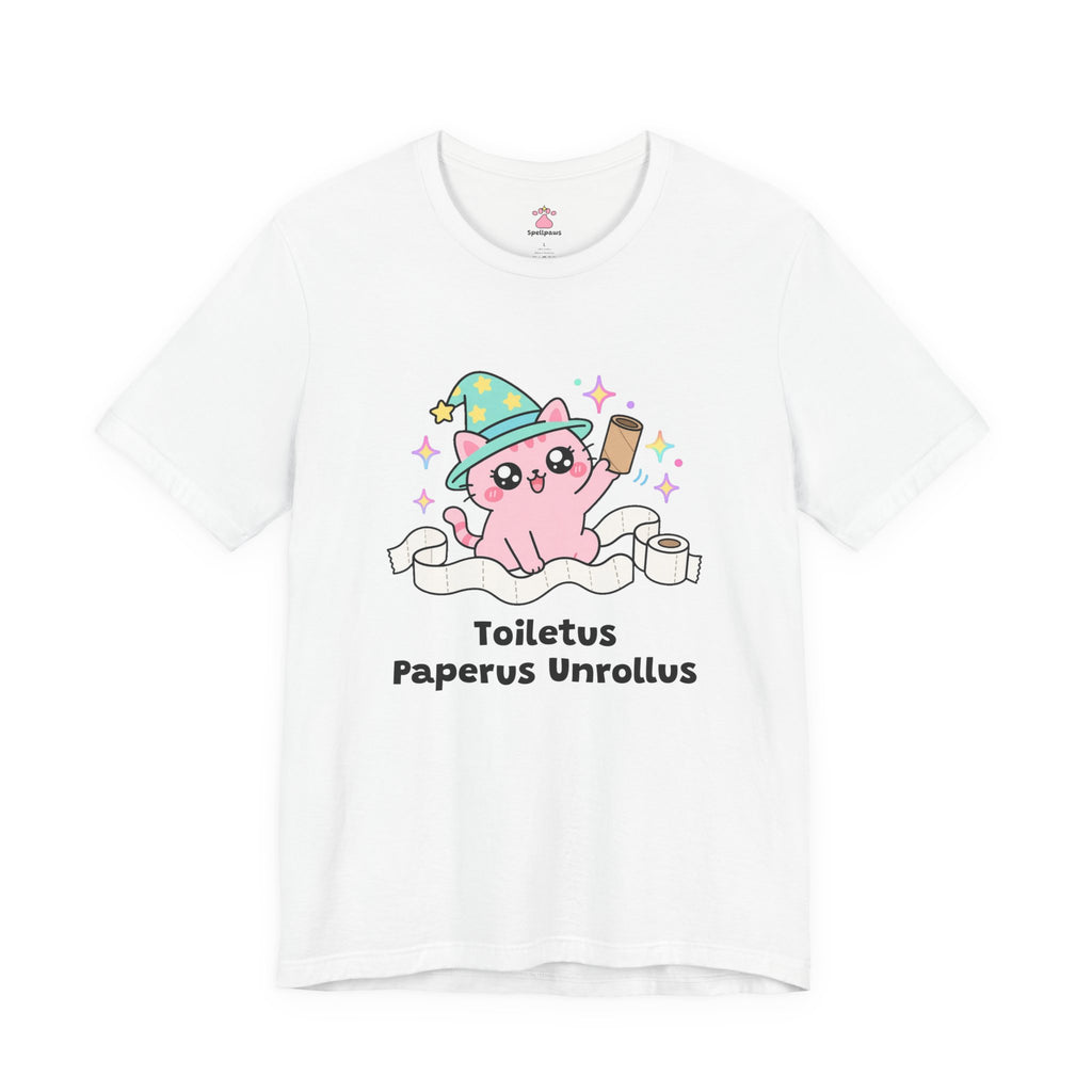 White Toiletus Paperus Unrollus wizard cat T-shirt, front view: pink wizard cat in a mint star hat holding an empty cardboard roll, surrounded by unrolled toilet paper, with "Toiletus Paperus Unrollus" printed below