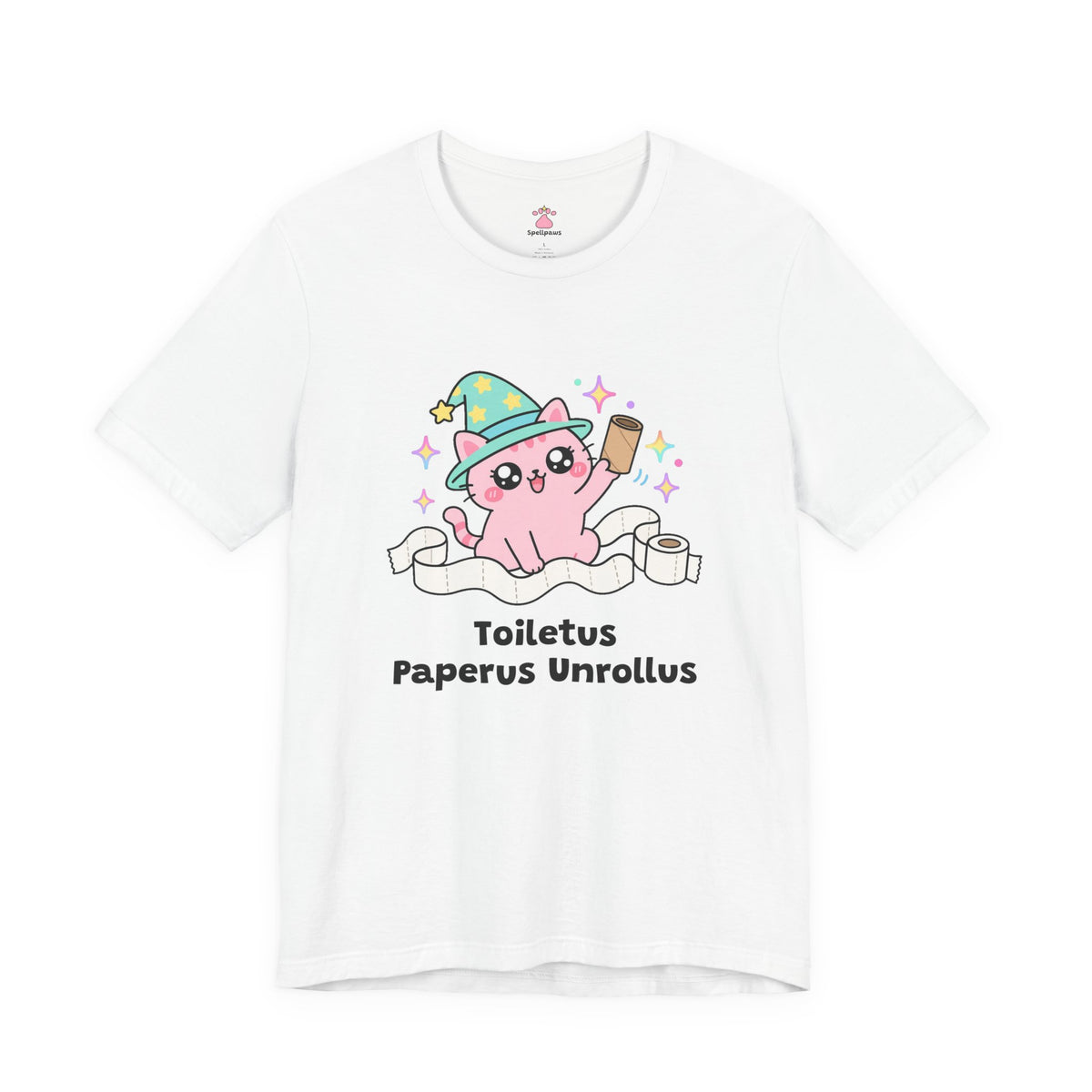 White Toiletus Paperus Unrollus wizard cat T-shirt, front view: pink wizard cat in a mint star hat holding an empty cardboard roll, surrounded by unrolled toilet paper, with "Toiletus Paperus Unrollus" printed below