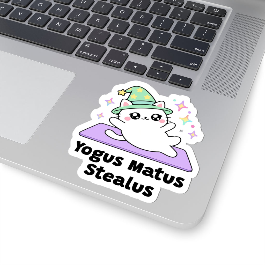 Yogus Matus Stealus wizard cat sticker stuck on a silver laptop next to the keyboard