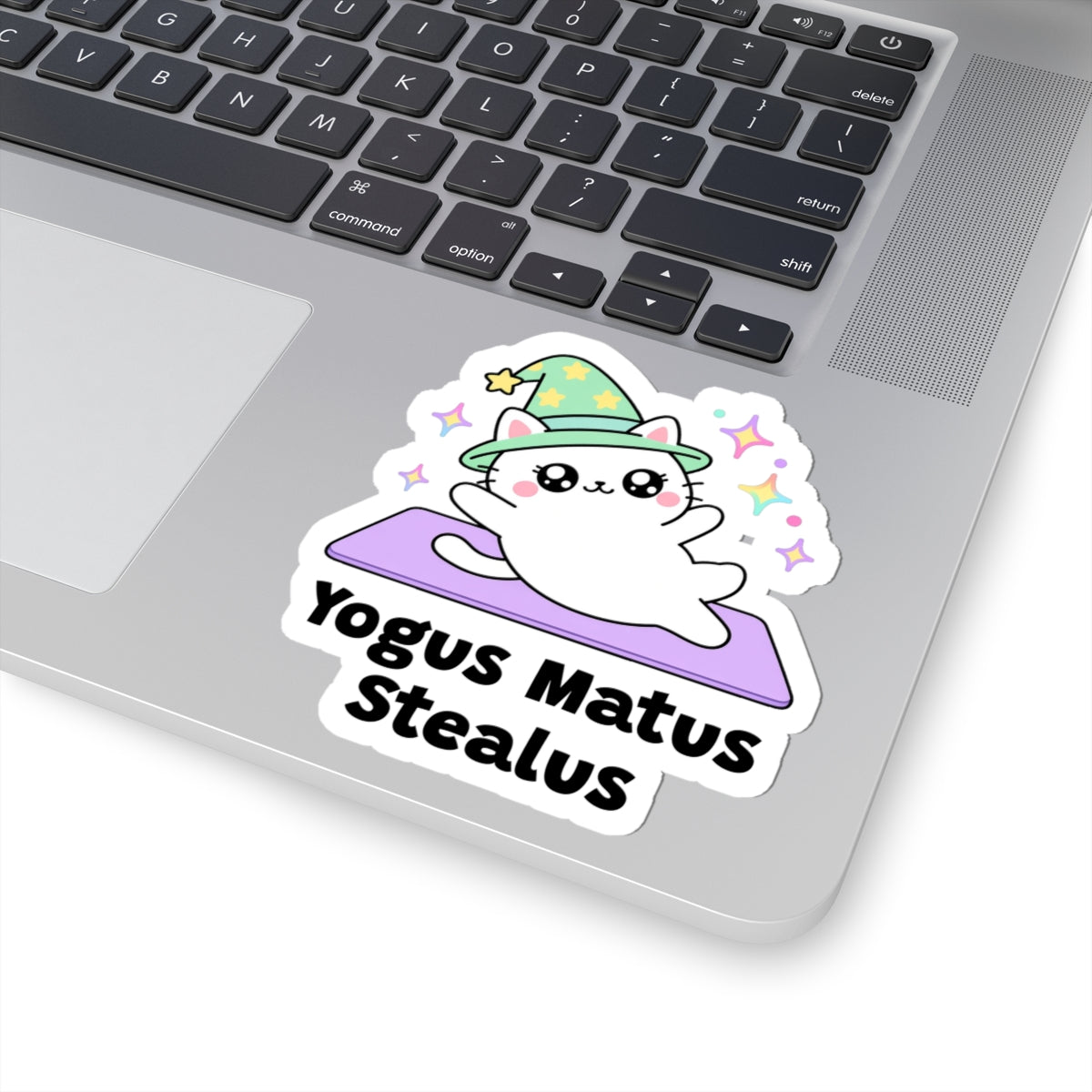 Yogus Matus Stealus wizard cat sticker stuck on a silver laptop next to the keyboard