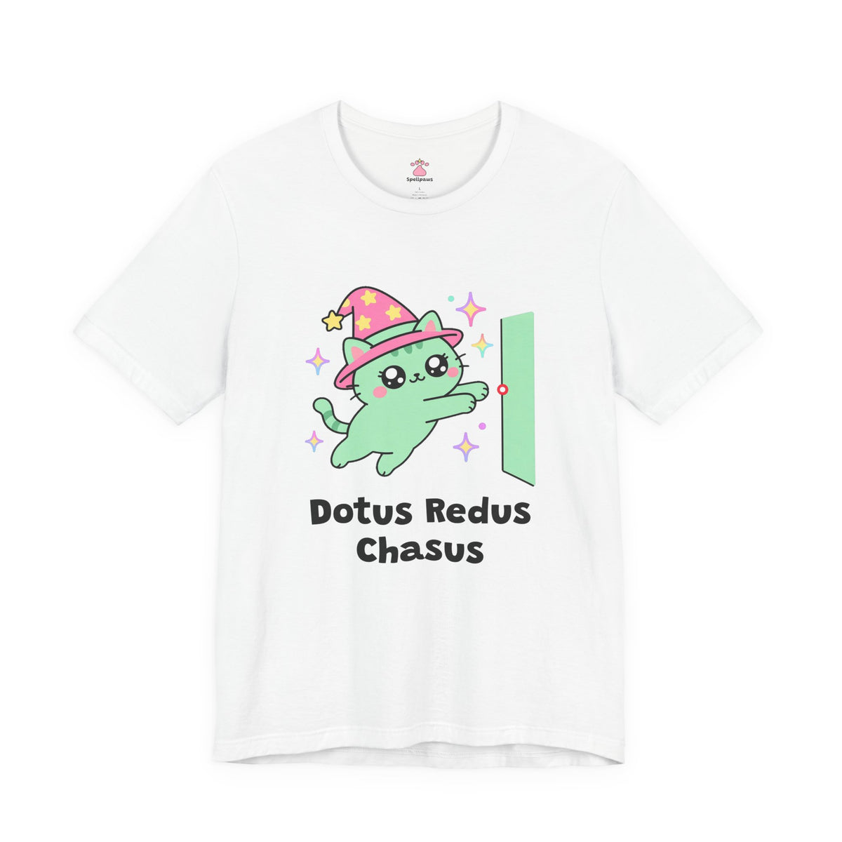 Mint wizard cat in a pink hat pouncing at a red laser dot on the wall, Dotus Redus Chasus tee