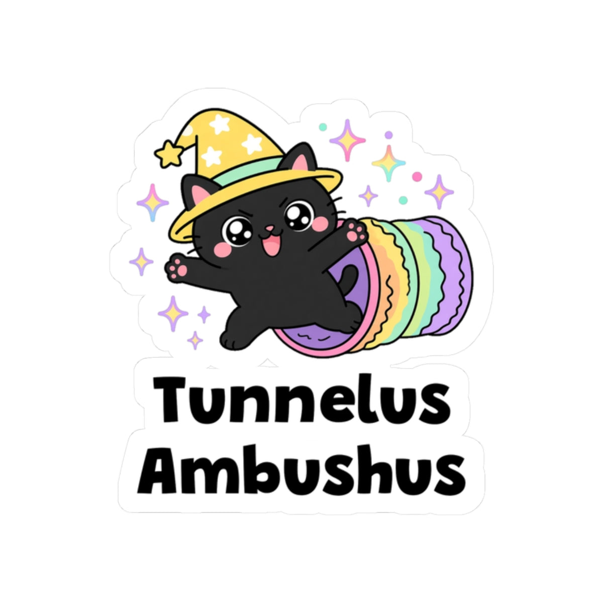 Tunnelus Ambushus kiss-cut vinyl sticker on a white background, size option 4: black wizard cat in a yellow hat ambushing from a rainbow crinkle tunnel