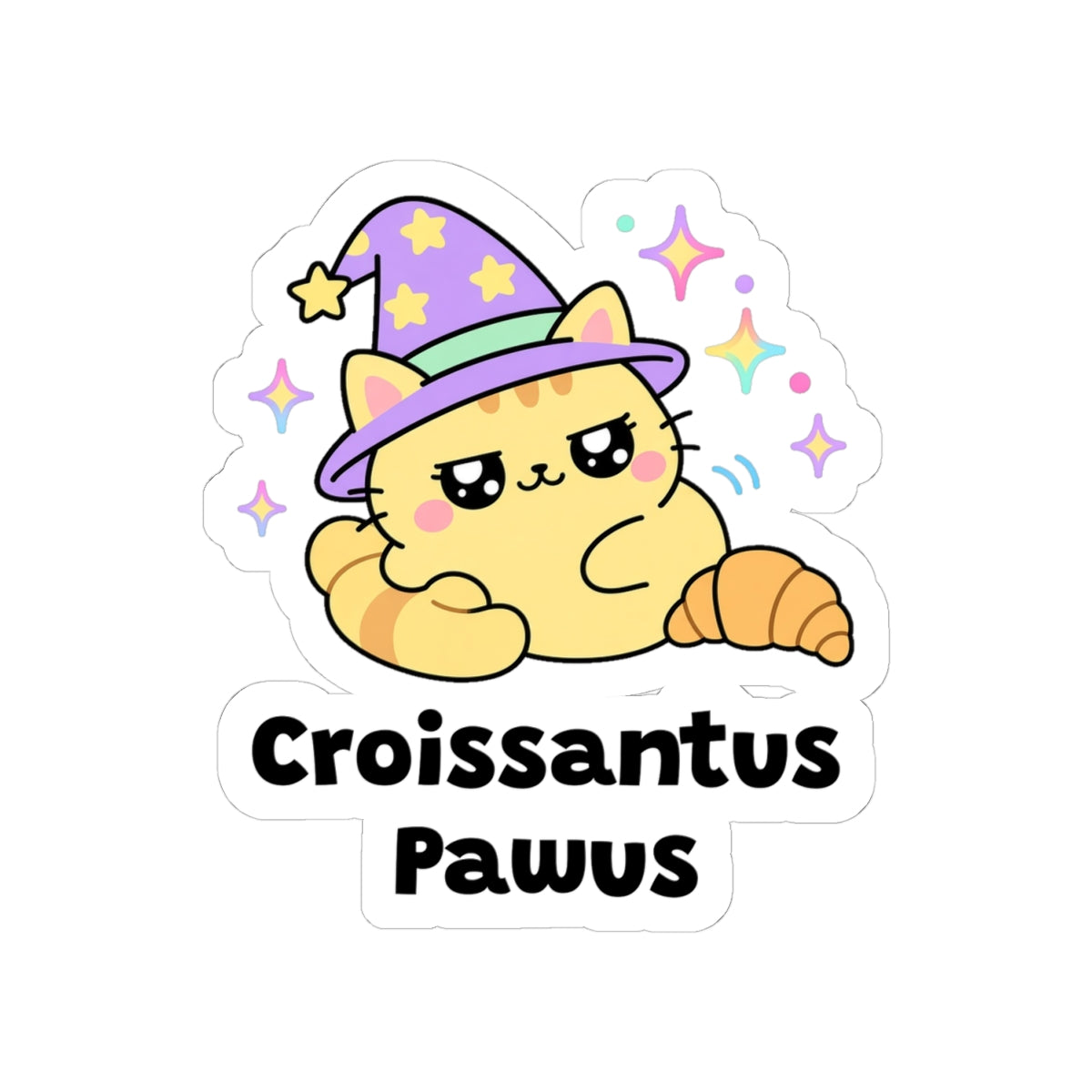 Croissantus Pawus kiss-cut vinyl sticker on a white background, size option 2: yellow wizard cat in a purple hat lying with paws tucked like a croissant