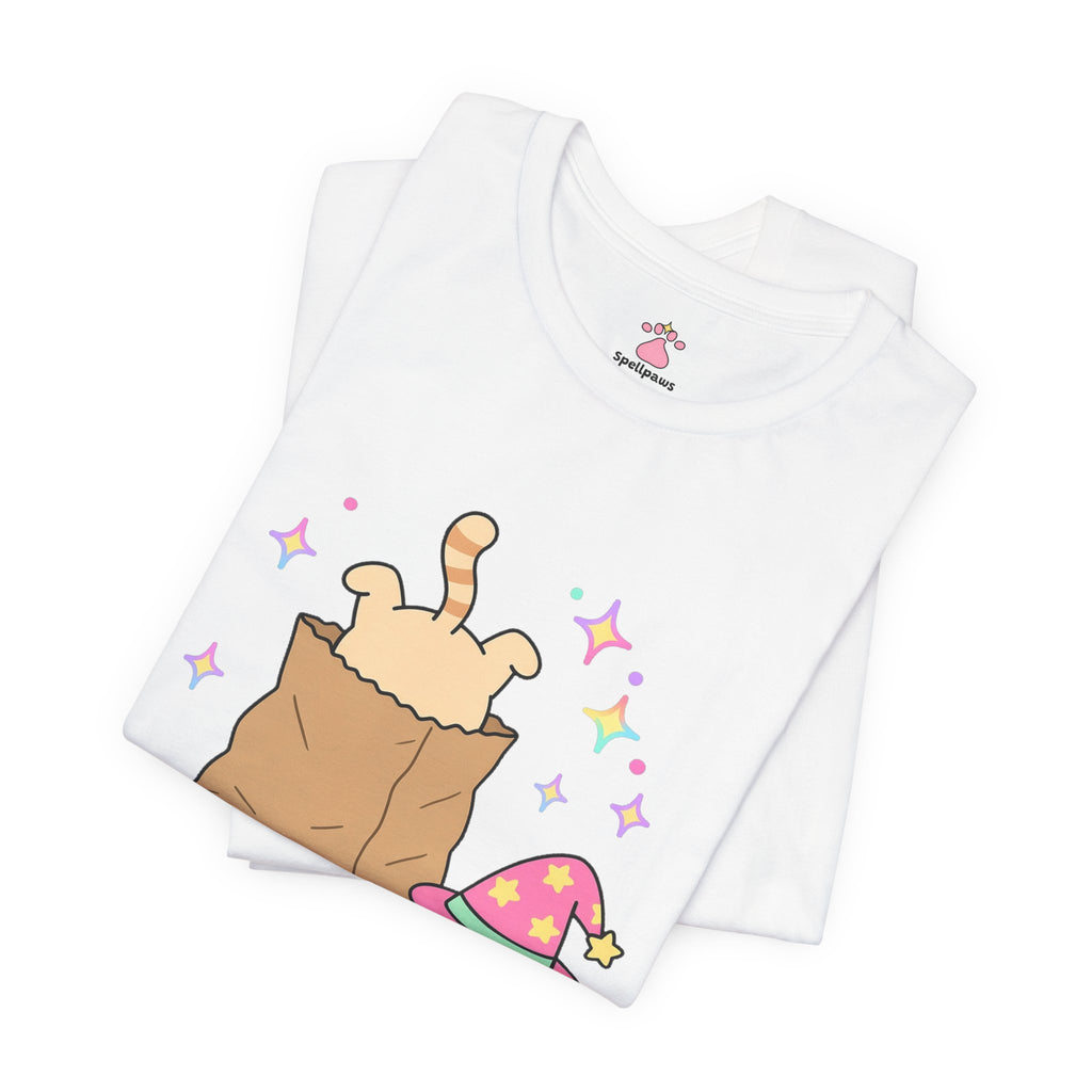 Wizard cat diving headfirst into a paper bag, pink hat beside it, Paperus Bagus Invadus tee