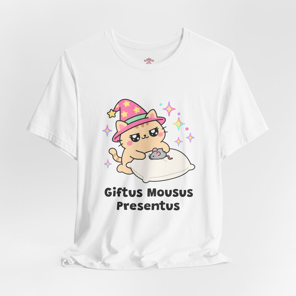 Orange wizard cat in a pink hat proudly delivering a toy mouse onto a pillow, Giftus Mousus Presentus tee