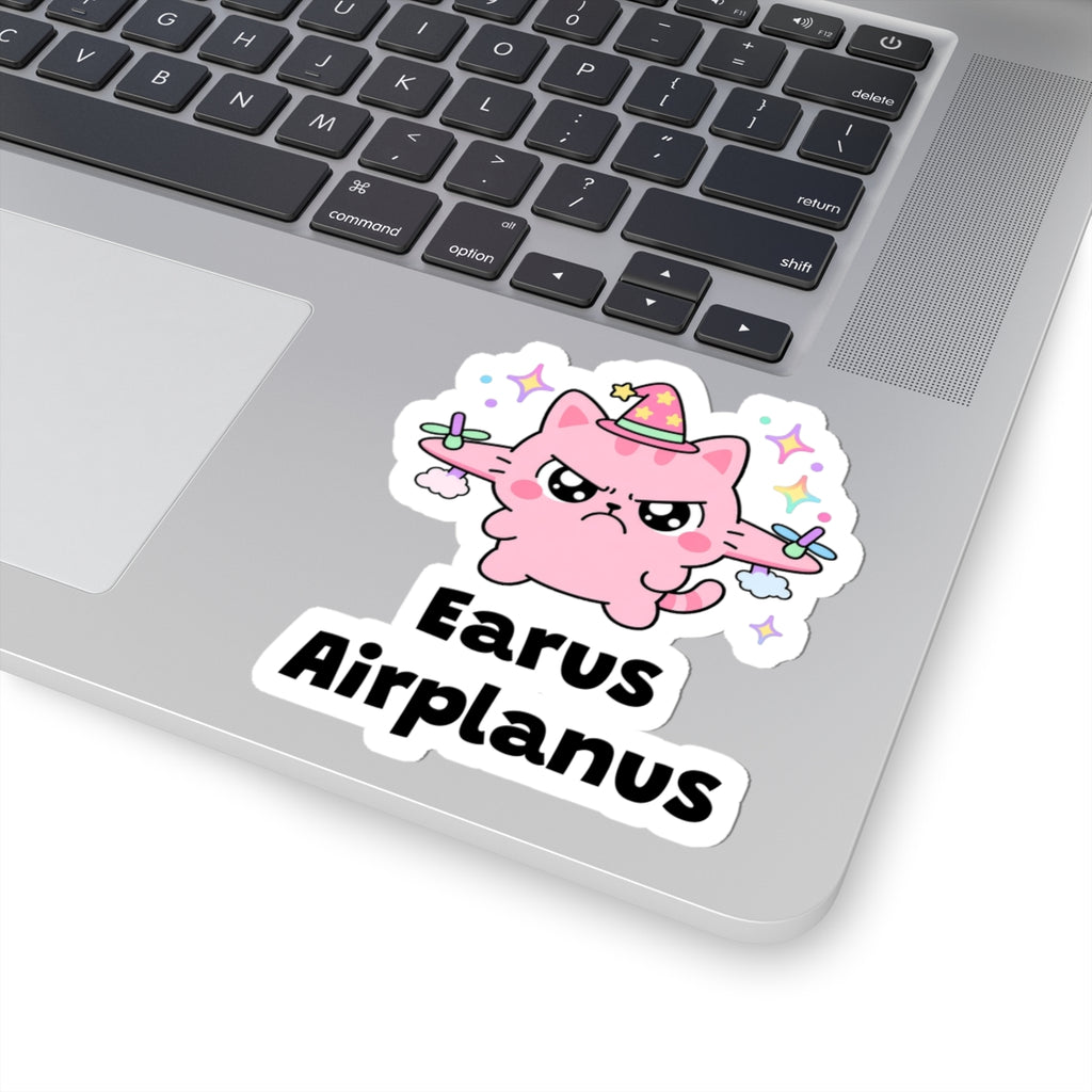 Earus Airplanus wizard cat sticker stuck on a silver laptop next to the keyboard