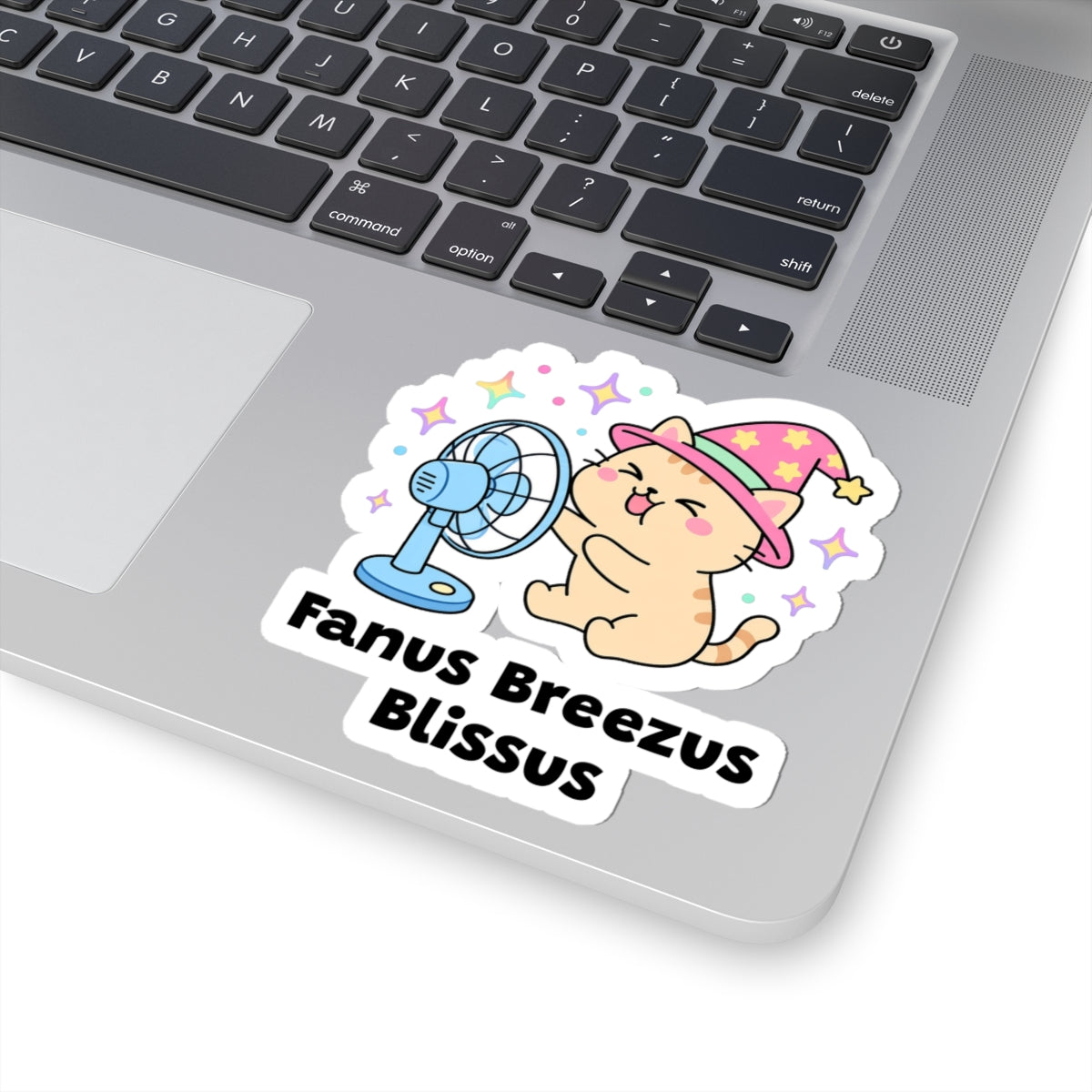 Fanus Breezus Blissus wizard cat sticker stuck on a silver laptop next to the keyboard