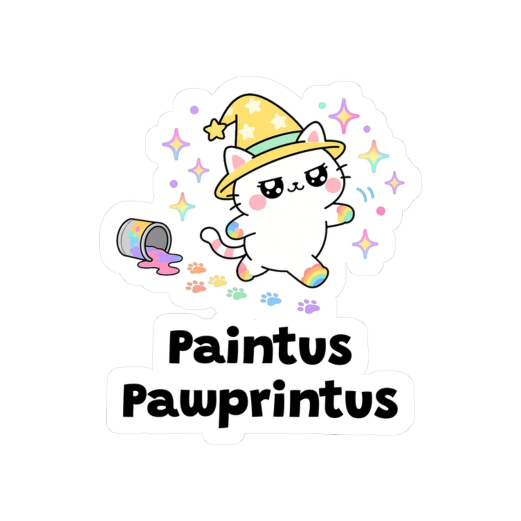 Paintus Pawprintus kiss-cut vinyl sticker on a white background, size option 4: white wizard cat in a yellow hat walking away from a tipped paint can, leaving rainbow pawprints
