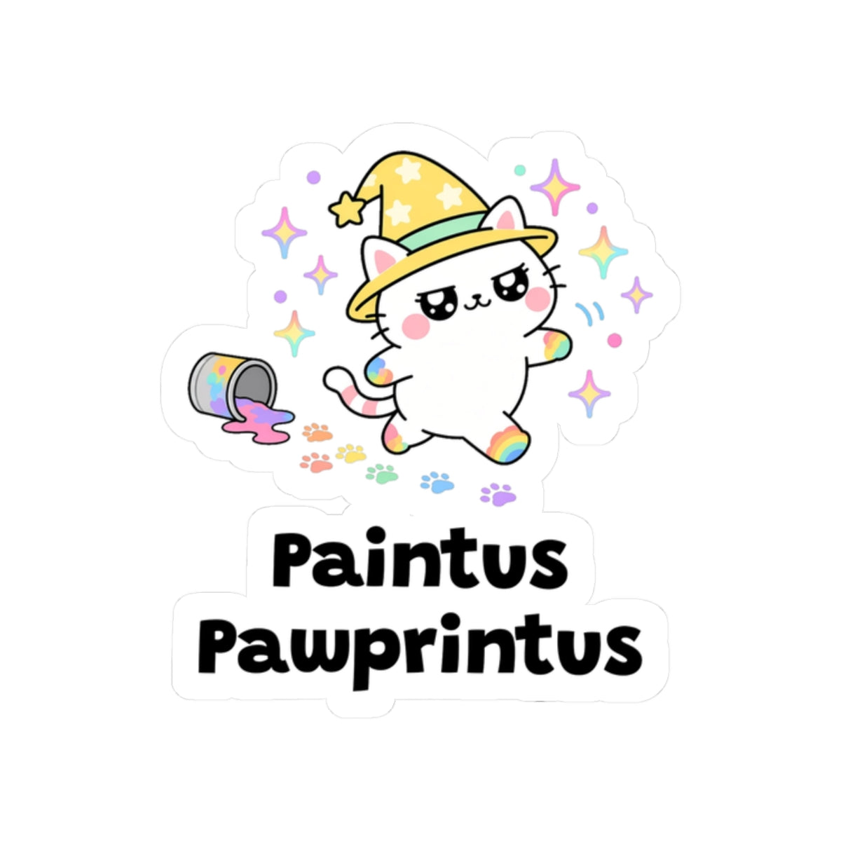 Paintus Pawprintus kiss-cut vinyl sticker on a white background, size option 4: white wizard cat in a yellow hat walking away from a tipped paint can, leaving rainbow pawprints