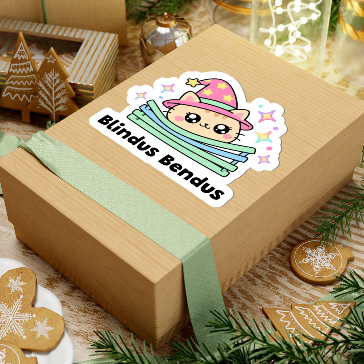 Blindus Bendus wizard cat sticker on a kraft gift box with a green ribbon and holiday cookies