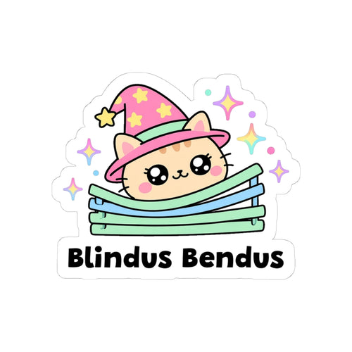 Blindus Bendus kiss-cut vinyl sticker on a white background, size option 2: pink wizard cat in a pink hat poking its head through bent green window blinds