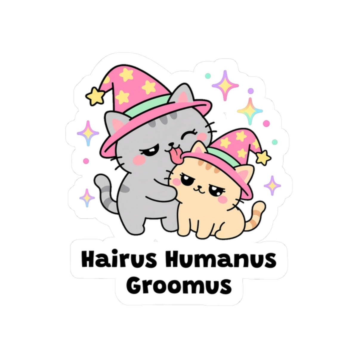 Hairus Humanus Groomus kiss-cut vinyl sticker on a white background, size option 4: grey wizard cat in a pink hat grooming a human's hair
