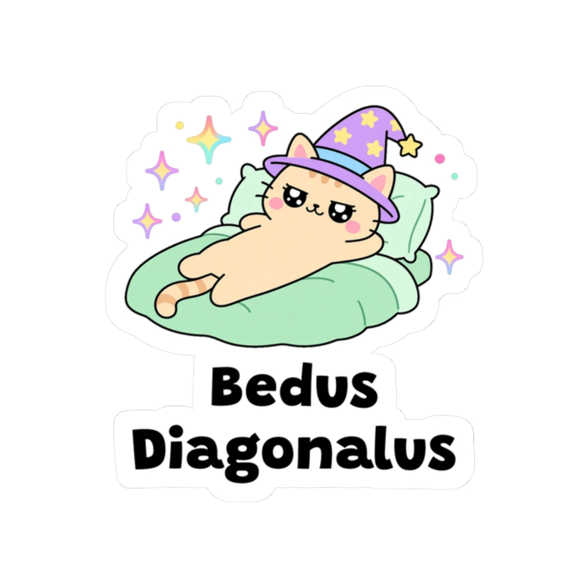 Bedus Diagonalus kiss-cut vinyl sticker on a white background, size option 4: peach wizard cat in a purple hat sprawled diagonally across a green bed