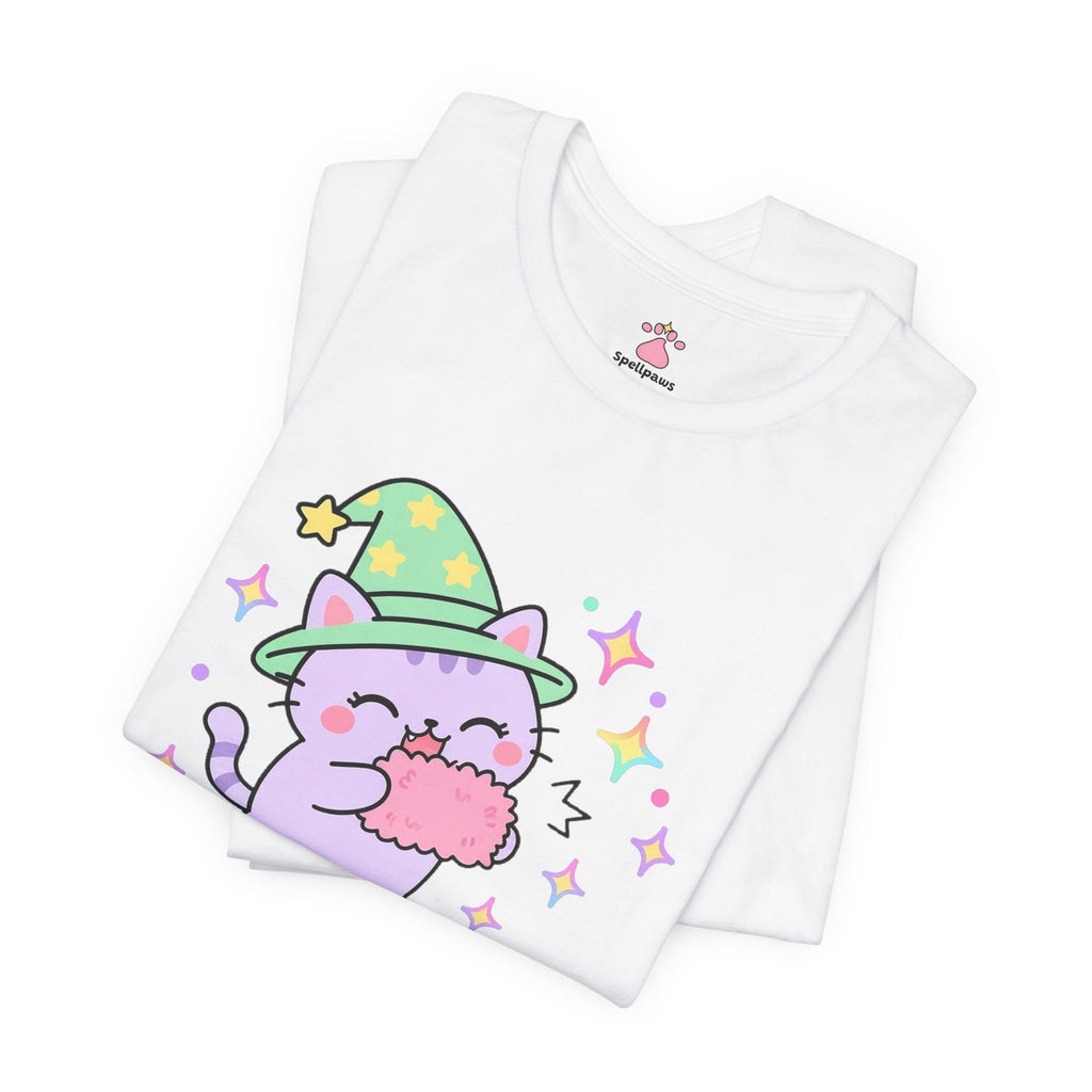 Lavender wizard cat in a green hat happily chomping a pink human hand, Pettus Pettus Biteus tee