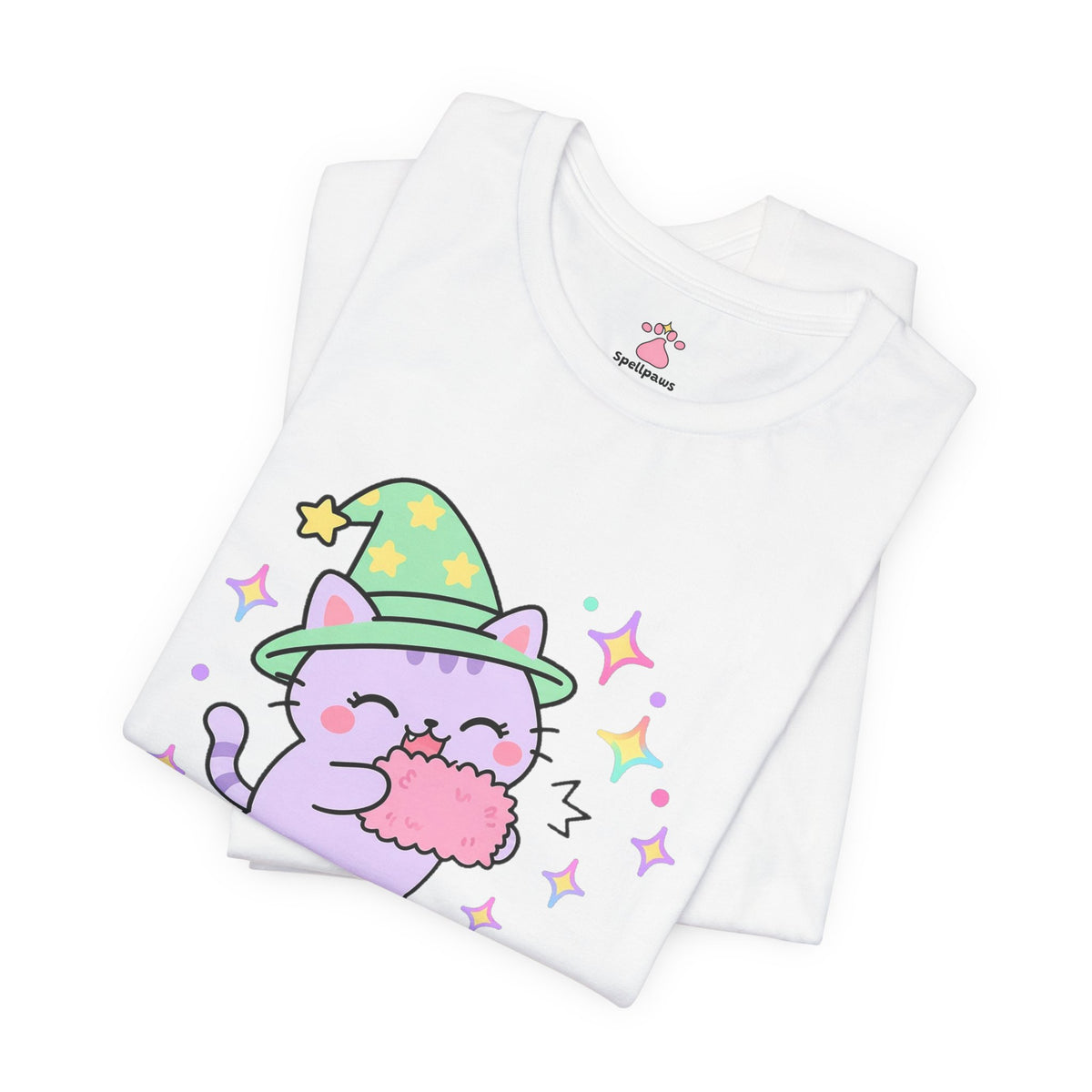 Lavender wizard cat in a green hat happily chomping a pink human hand, Pettus Pettus Biteus tee
