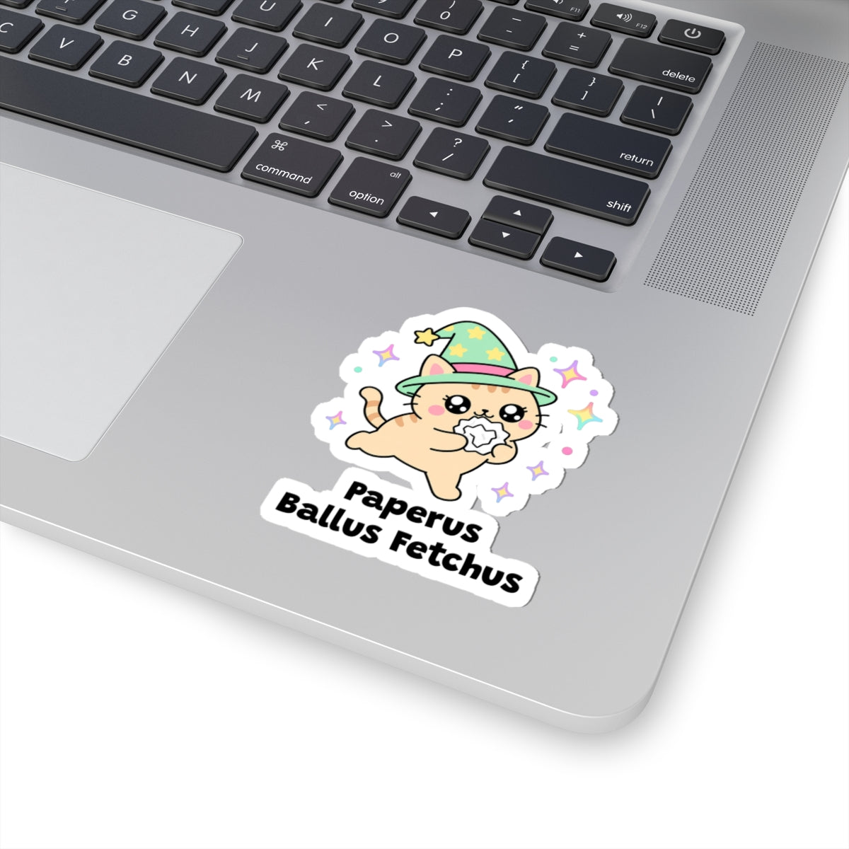 Paperus Ballus Fetchus wizard cat sticker stuck on a silver laptop next to the keyboard