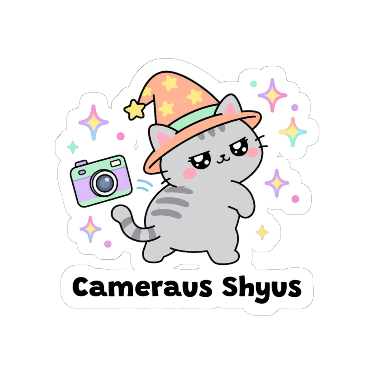 Cameraus Shyus kiss-cut vinyl sticker on a white background, size option 3: grey tabby wizard cat in an orange hat turning away from a camera