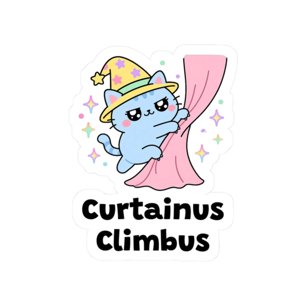 Curtainus Climbus kiss-cut vinyl sticker on a white background, size option 4: blue wizard cat in a yellow hat clinging halfway up a pink curtain
