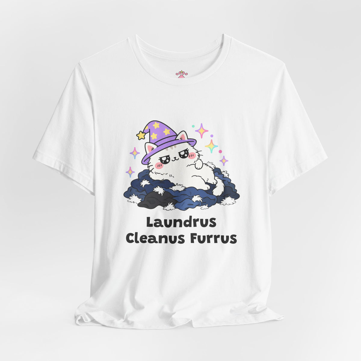 White wizard cat in a purple hat lounging smugly on a pile of freshly washed dark clothes, Laundrus Cleanus Furrus tee