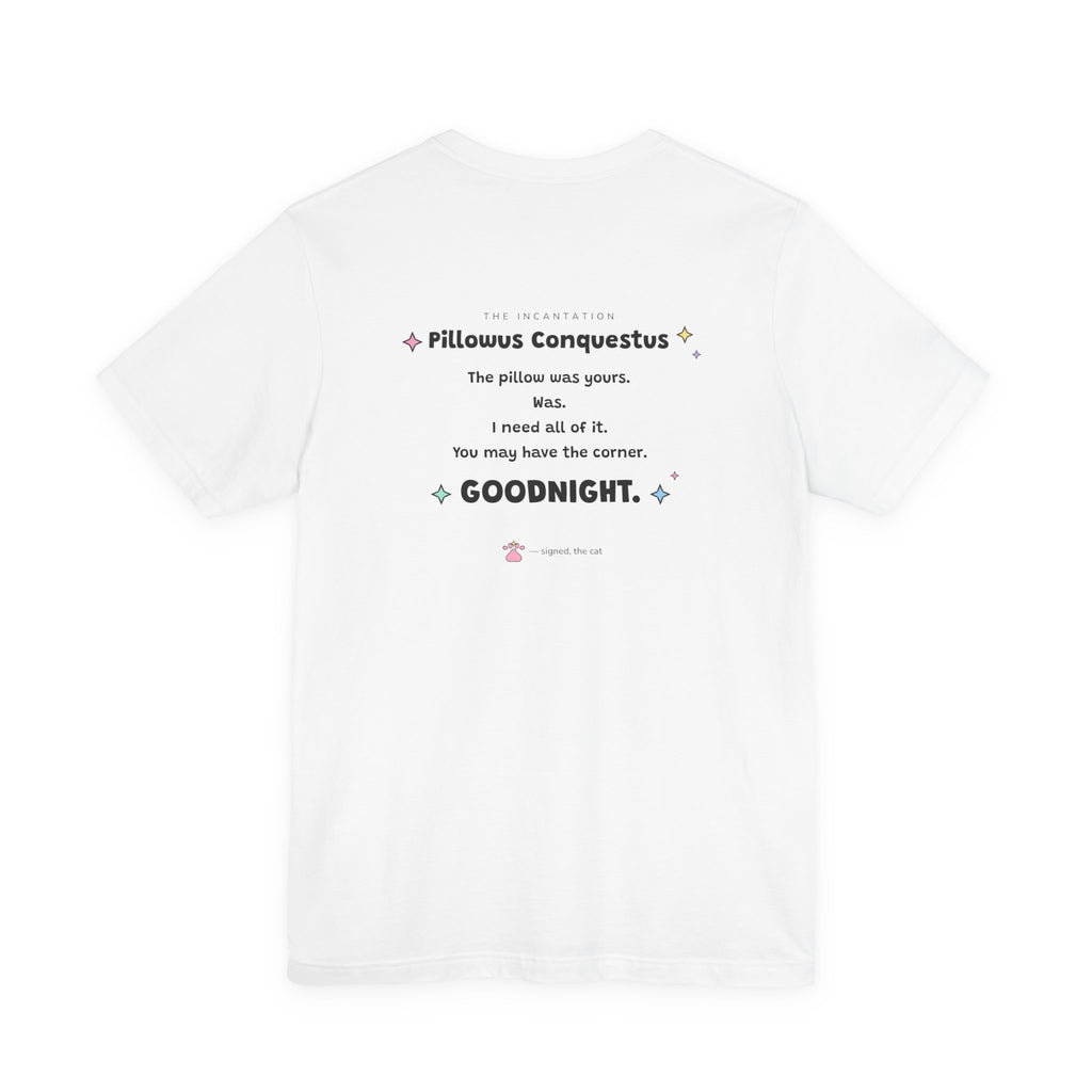 Back of the white Pillowus Conquestus T-shirt with the full spell incantation printed between the shoulders