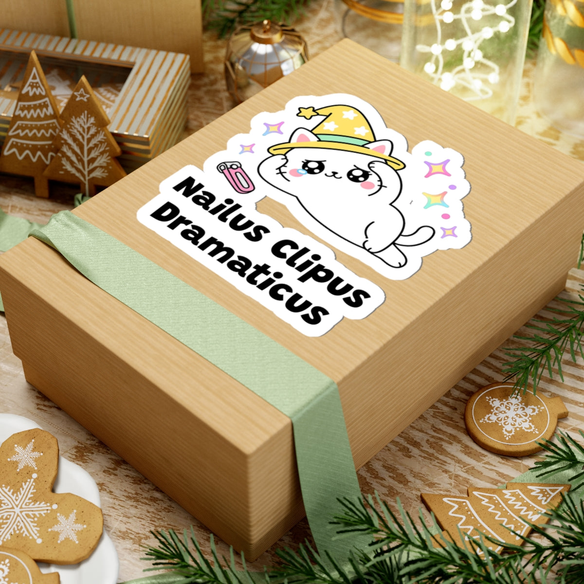 Nailus Clipus Dramaticus wizard cat sticker on a kraft gift box with a green ribbon and holiday cookies