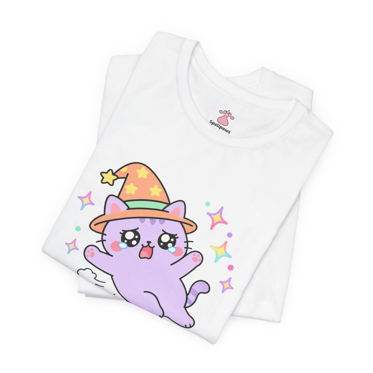 Lavender wizard cat in a pink hat flopping dramatically onto its side in a dust puff, Floppus Dramaticus tee