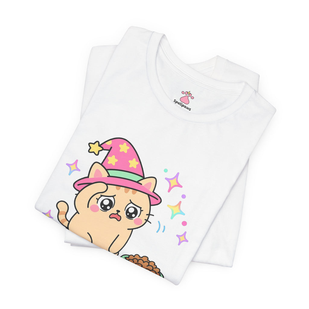 Wizard cat in a pink hat sitting tragically beside a mostly full food bowl, Bowlus Emptus Apocalypsus tee