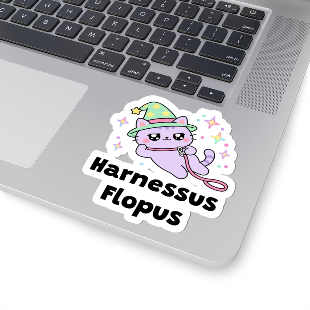 Harnessus Flopus wizard cat sticker stuck on a silver laptop next to the keyboard