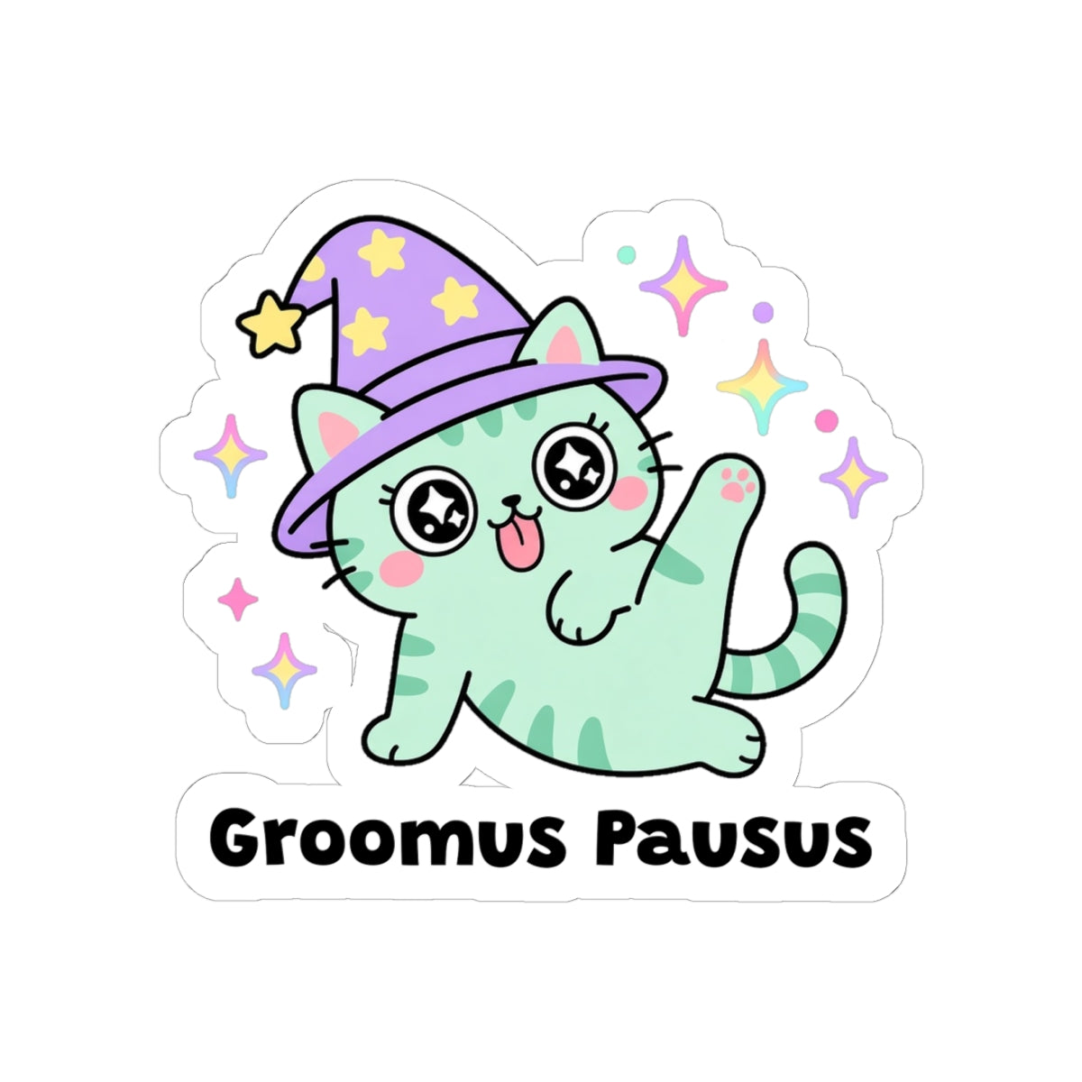 Groomus Pausus kiss-cut vinyl sticker on a white background, size option 3: mint-green wizard cat in a purple hat frozen mid-groom with one leg in the air