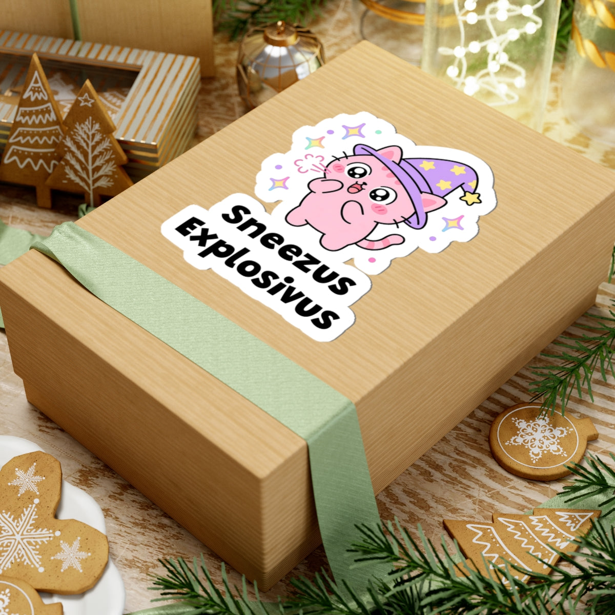Sneezus Explosivus wizard cat sticker on a kraft gift box with a green ribbon and holiday cookies