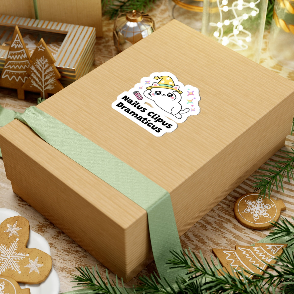 Nailus Clipus Dramaticus wizard cat sticker on a kraft gift box with a green ribbon and holiday cookies