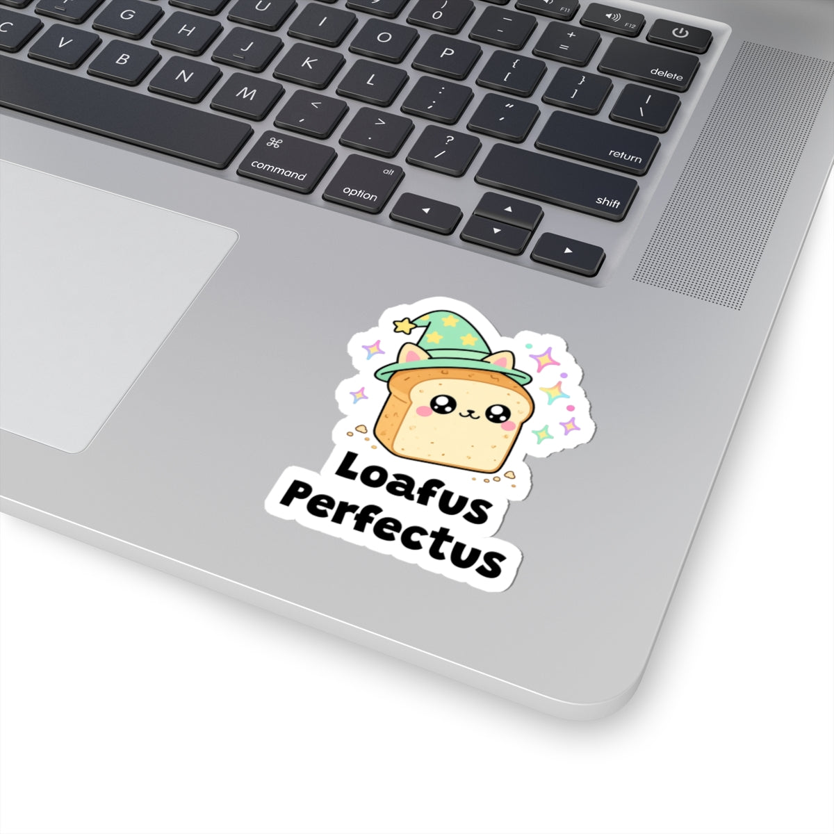 Loafus Perfectus wizard cat sticker stuck on a silver laptop next to the keyboard