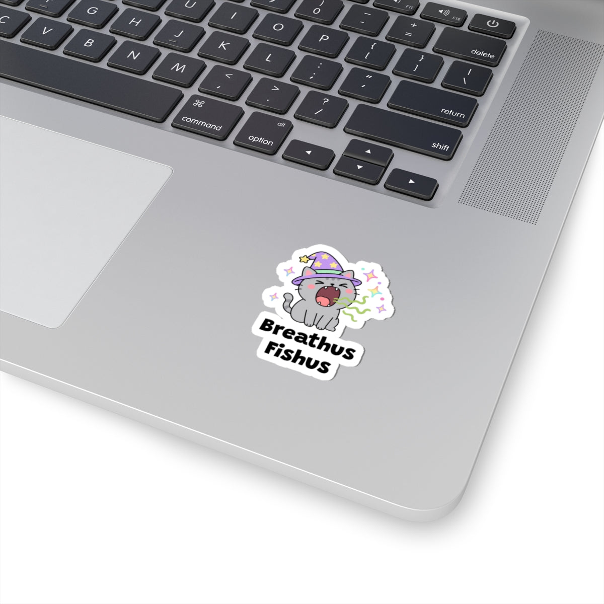 Breathus Fishus wizard cat sticker stuck on a silver laptop next to the keyboard