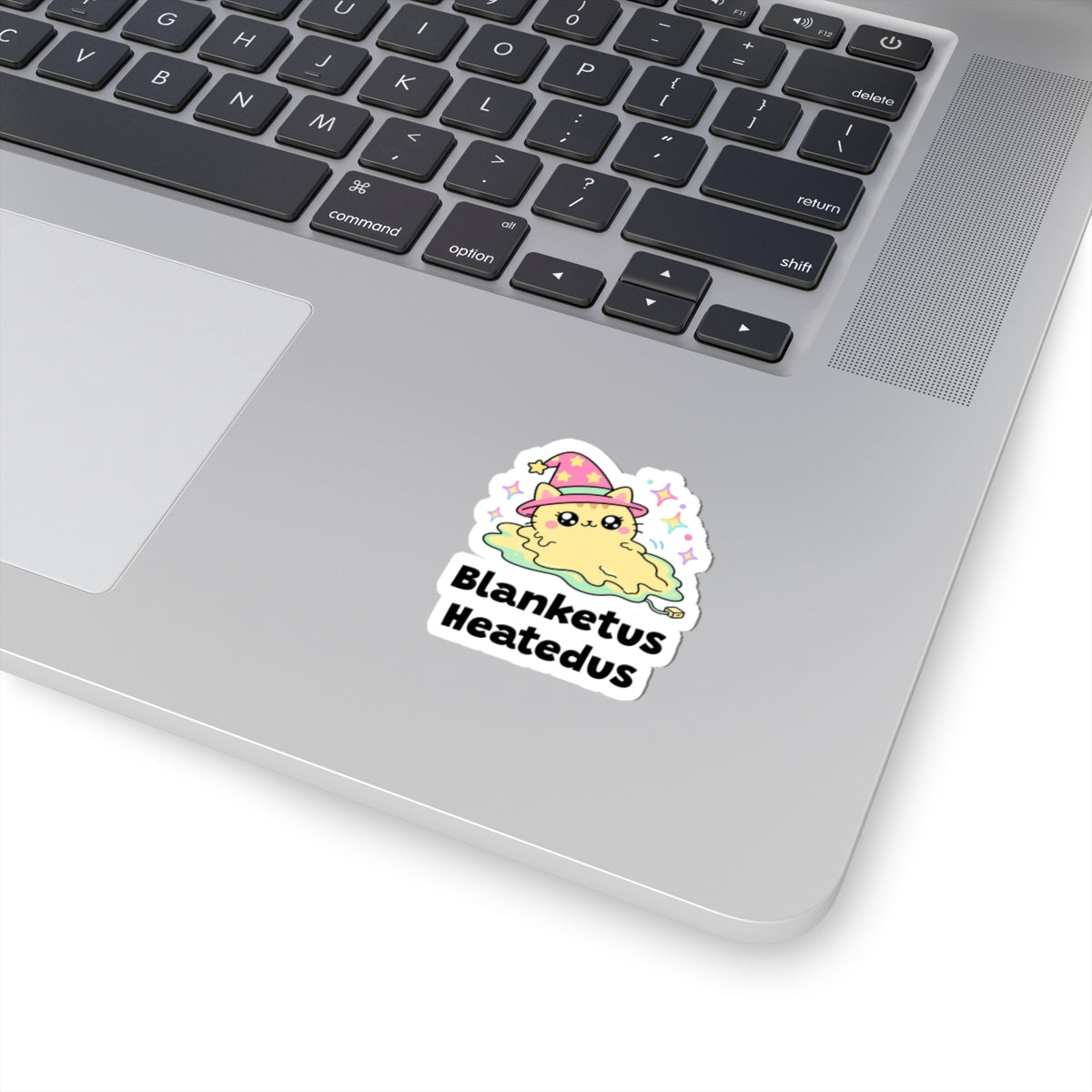 Blanketus Heatedus wizard cat sticker stuck on a silver laptop next to the keyboard