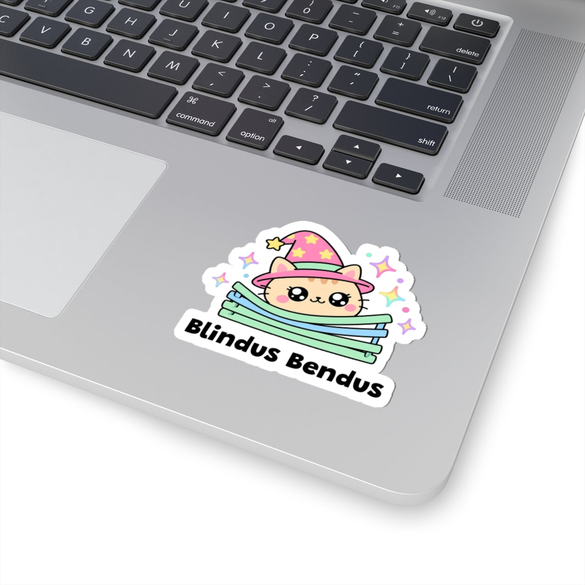 Blindus Bendus wizard cat sticker stuck on a silver laptop next to the keyboard