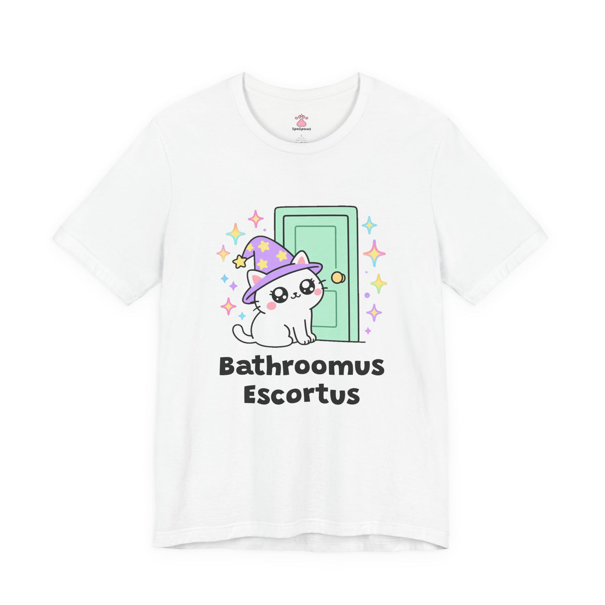 White wizard cat in a purple hat sitting at an open green bathroom door, staring with big sparkly eyes, Bathroomus Escortus tee