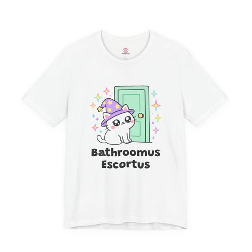 White wizard cat in a purple hat sitting at an open green bathroom door, staring with big sparkly eyes, Bathroomus Escortus tee