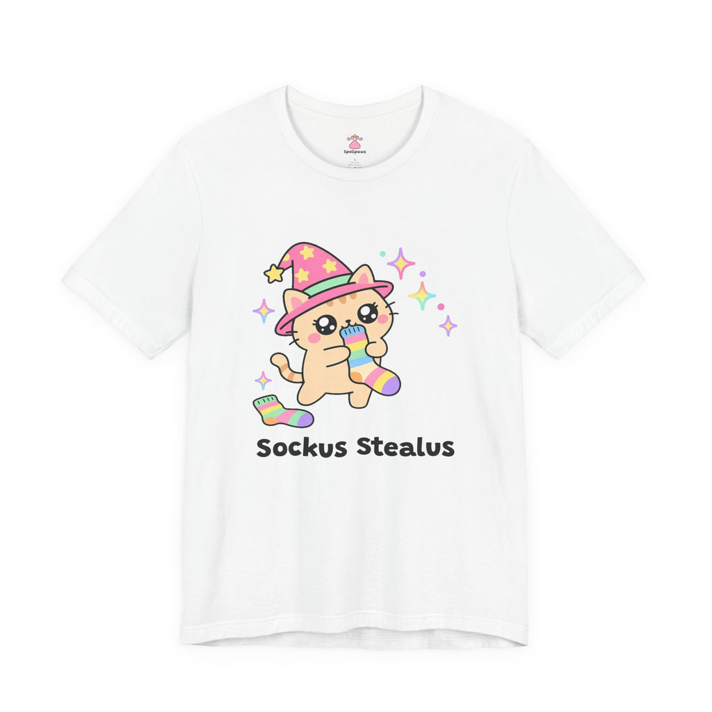 Wizard cat dragging a stolen sock, Sockus Stealus tee