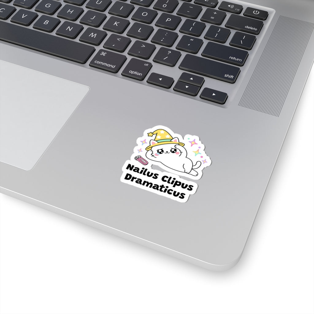 Nailus Clipus Dramaticus wizard cat sticker stuck on a silver laptop next to the keyboard