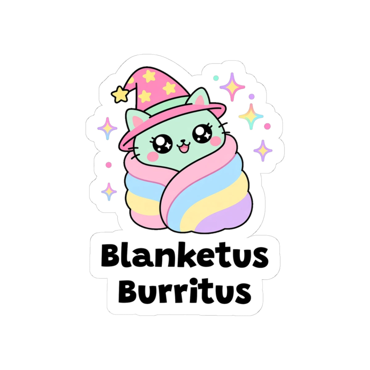 Blanketus Burritus kiss-cut vinyl sticker with a white border: grey wizard cat in a pink hat wrapped in a rainbow blanket burrito with only its face showing, with "Blanketus Burritus" in black letters
