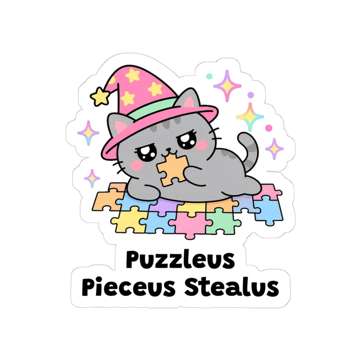 Puzzleus Pieceus Stealus kiss-cut vinyl sticker on a white background, size option 3: grey wizard cat in a pink hat lying on a jigsaw puzzle with a piece in its mouth