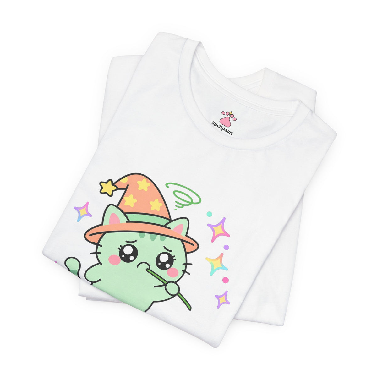 Mint green wizard cat in an orange hat chewing a blade of grass with an uh-oh face and a green swirl overhead, Grassus Munchus Regretus tee