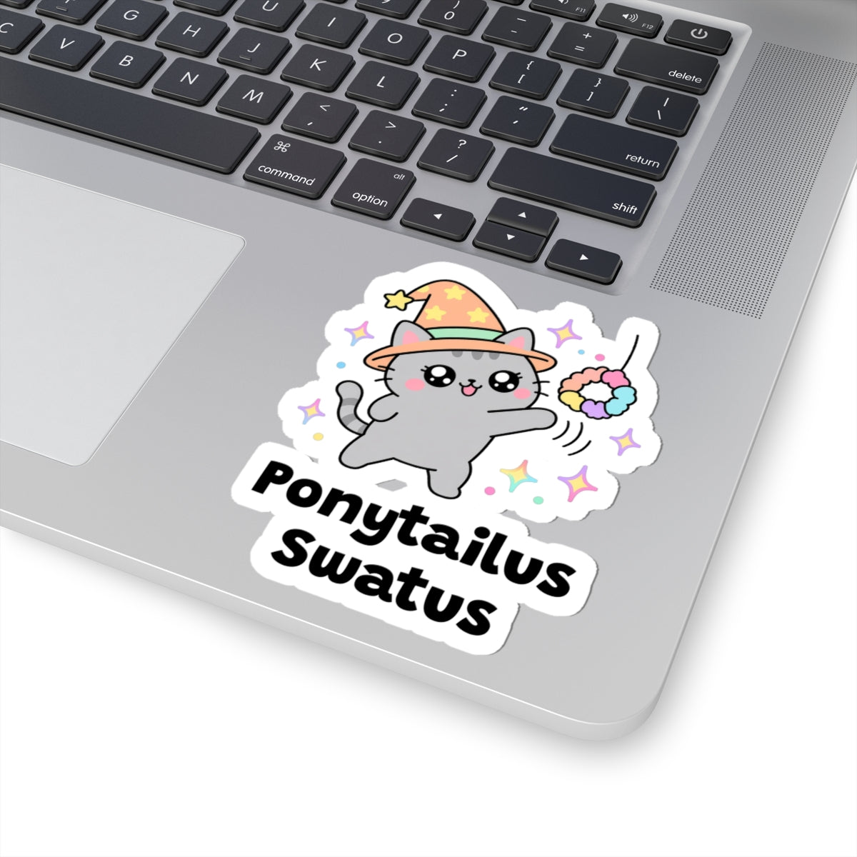Ponytailus Swatus wizard cat sticker stuck on a silver laptop next to the keyboard
