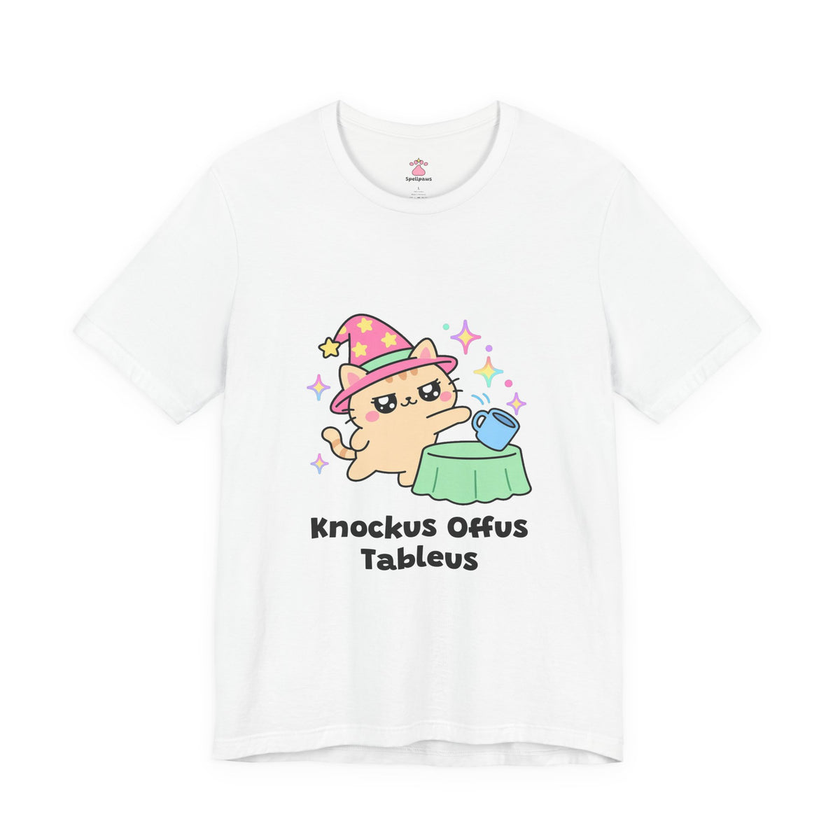 Wizard cat in a pink hat knocking a cup off a table, Knockus Offus Tableus tee
