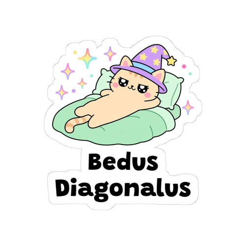 Bedus Diagonalus kiss-cut vinyl sticker on a white background, size option 2: peach wizard cat in a purple hat sprawled diagonally across a green bed