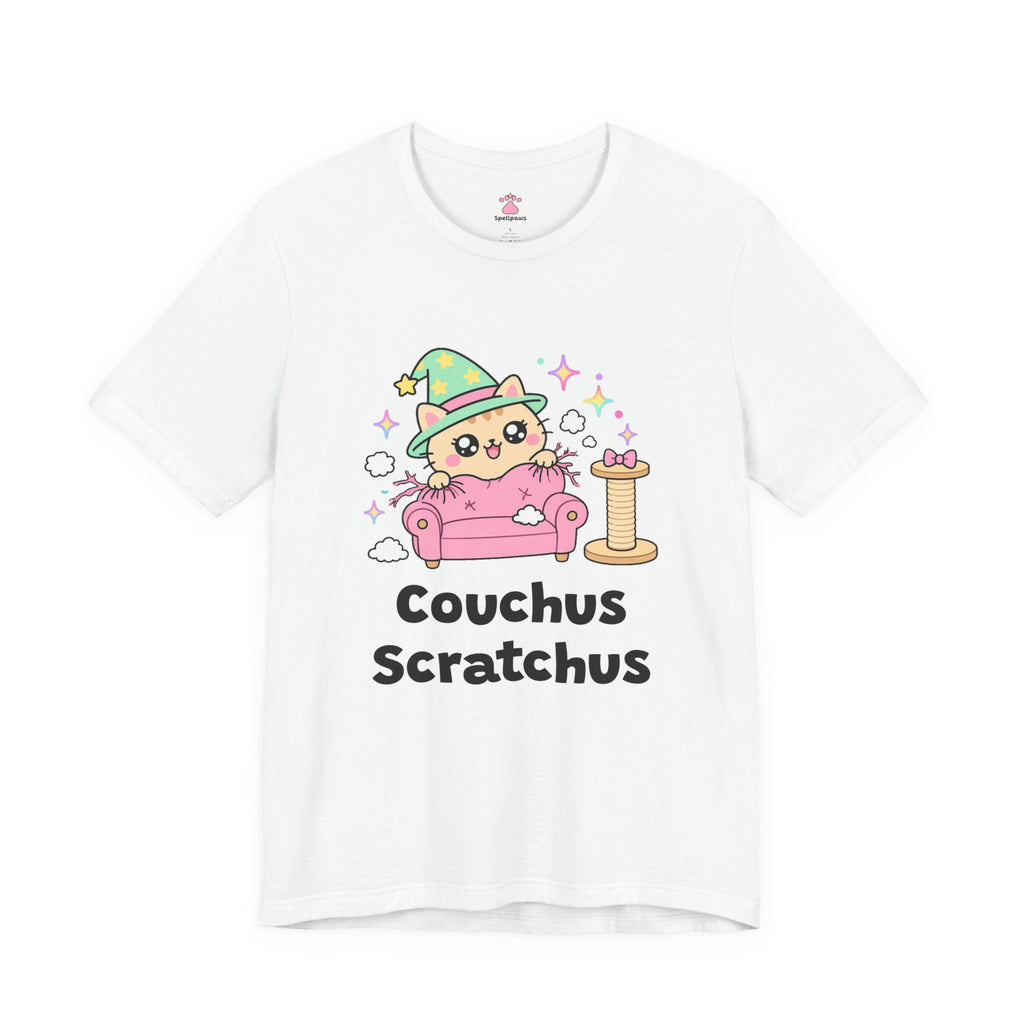 Ginger wizard cat in a green hat scratching a pink couch while a scratching post sits ignored beside it, Couchus Scratchus tee