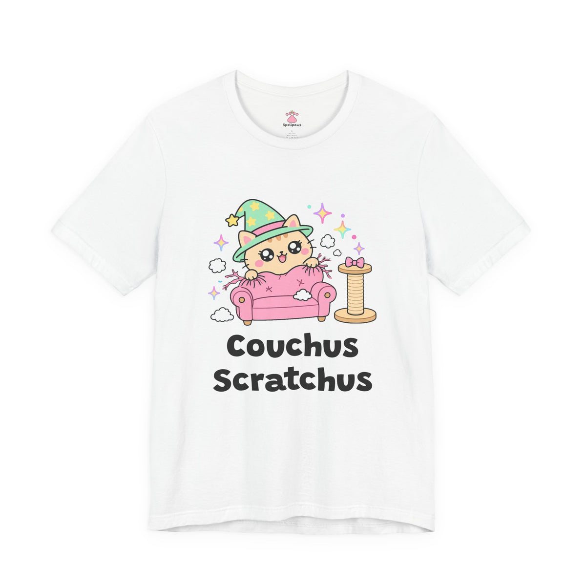 Ginger wizard cat in a green hat scratching a pink couch while a scratching post sits ignored beside it, Couchus Scratchus tee