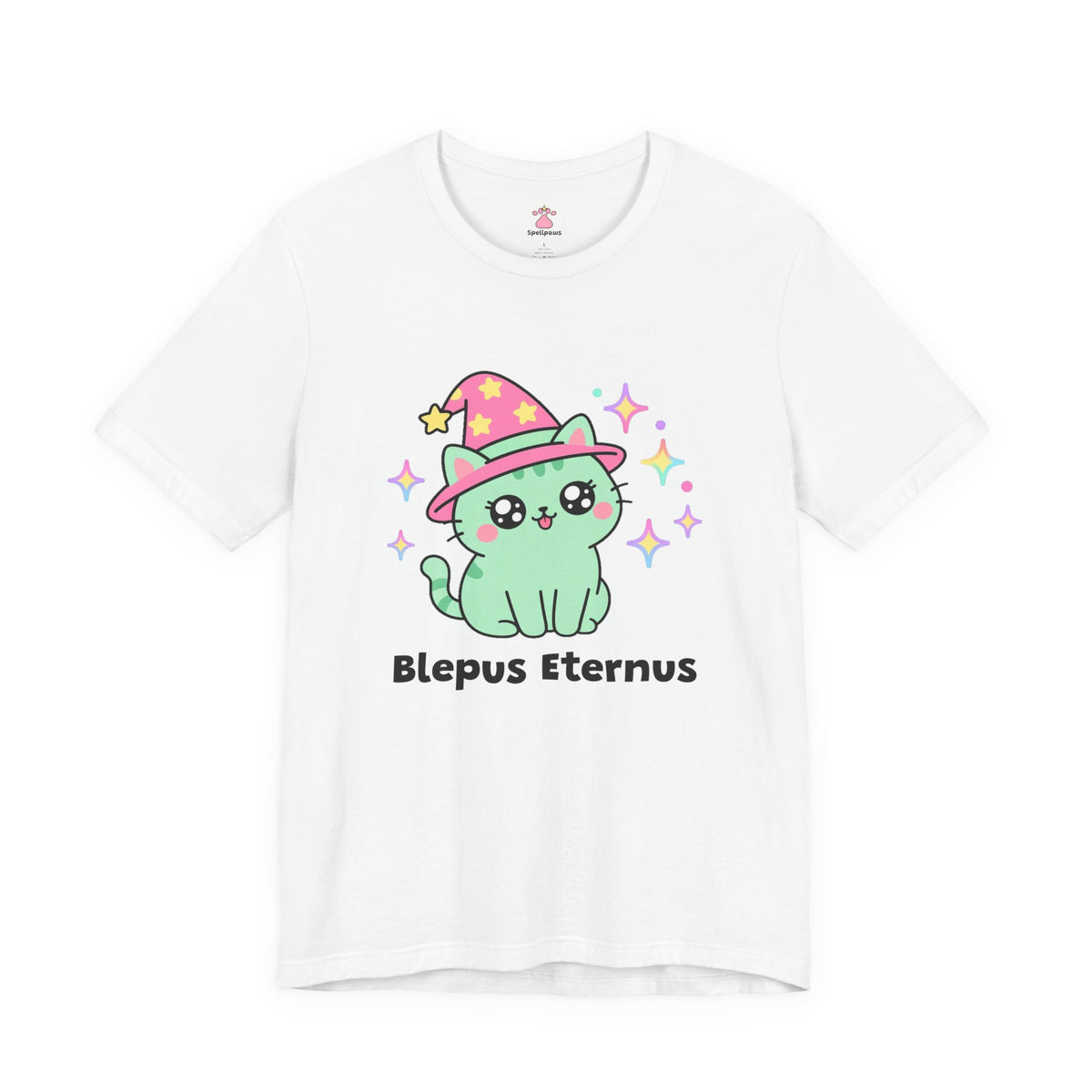 Mint wizard cat in a pink hat with a tiny pink tongue blep and a serious face, Blepus Eternus tee