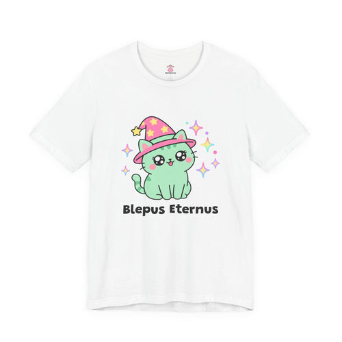 Mint wizard cat in a pink hat with a tiny pink tongue blep and a serious face, Blepus Eternus tee