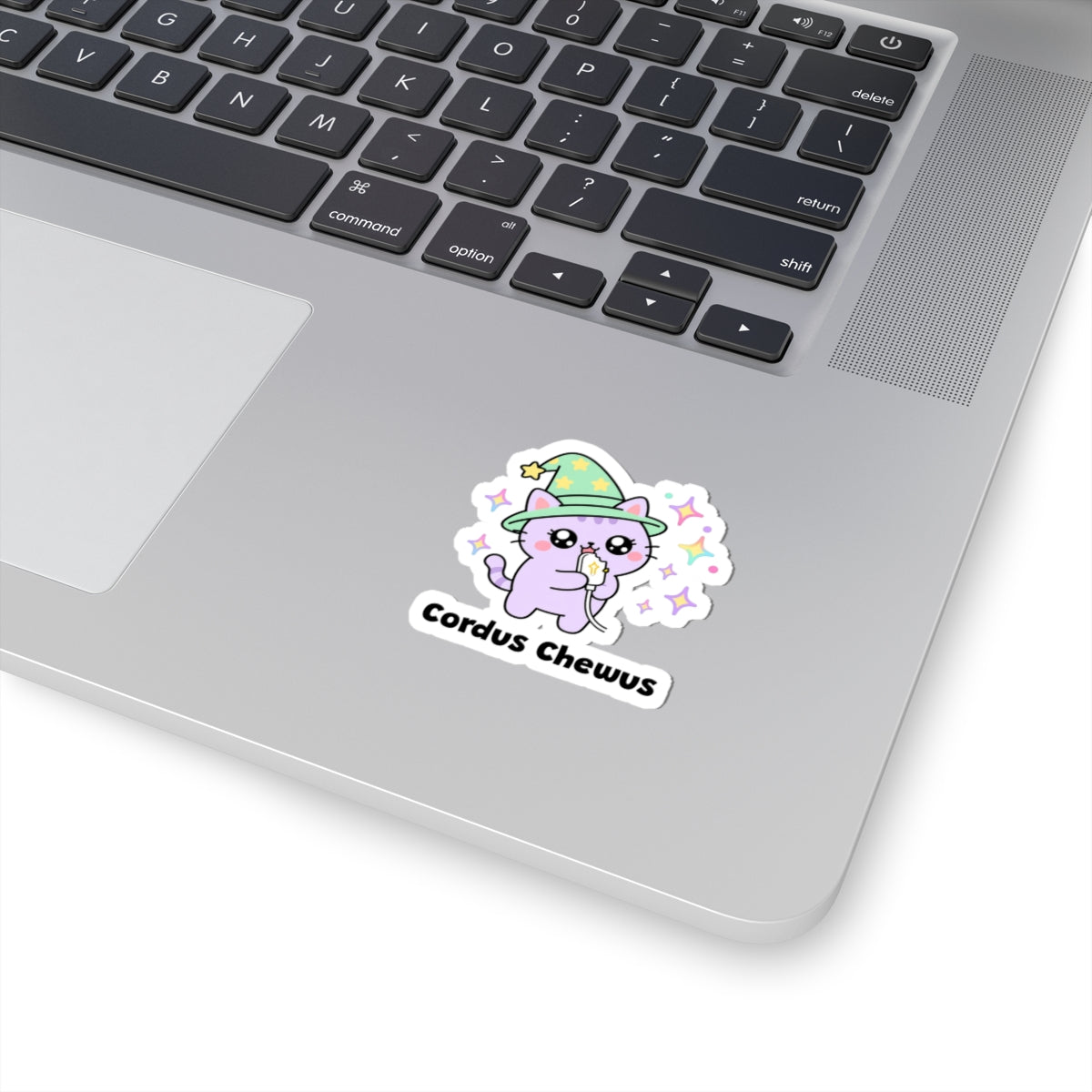 Cordus Chewus wizard cat sticker stuck on a silver laptop next to the keyboard